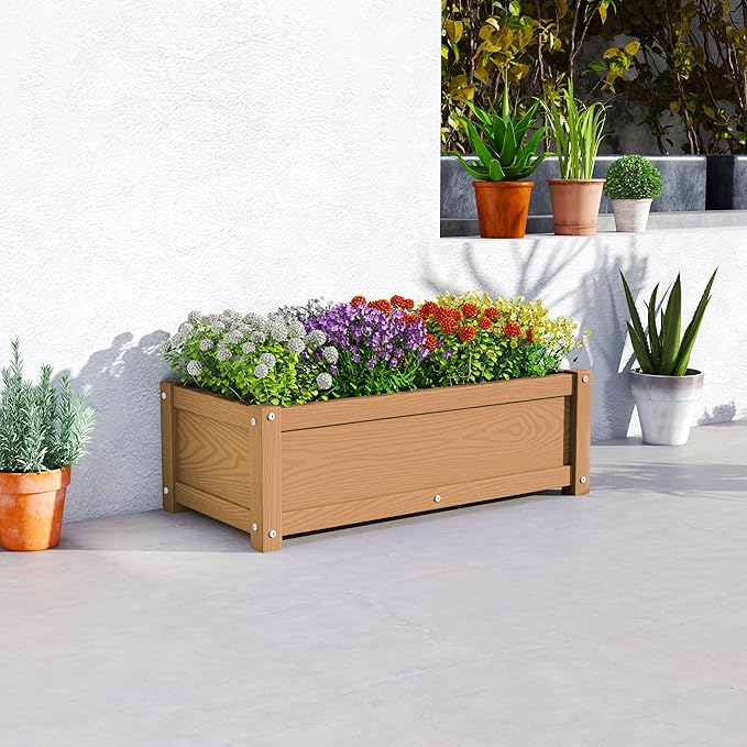 HDPE Planter Box All-Weather Outdoor Garden Bed Easy to Assemble Drainage System Low Maintenance Non-Fading for Flower/Herb/Seed (Teak)