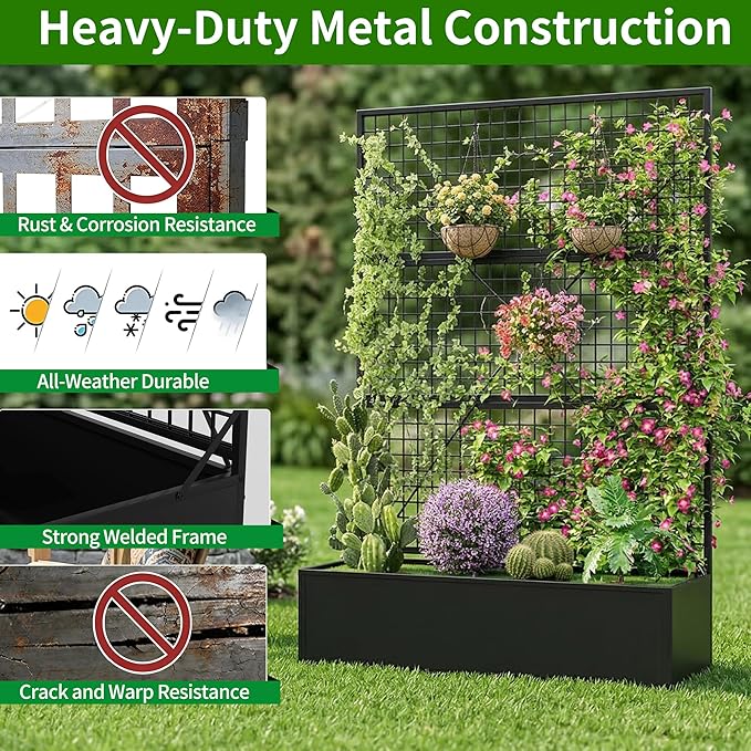 Metal Raised Garden Bed with Trellis and Privacy Screen 71×47.2×16 Planter Box with Drainage Holes for Climbing Plants Vegetables Vines Outdoor Sturdy Planter Box for Patio Backyard Black