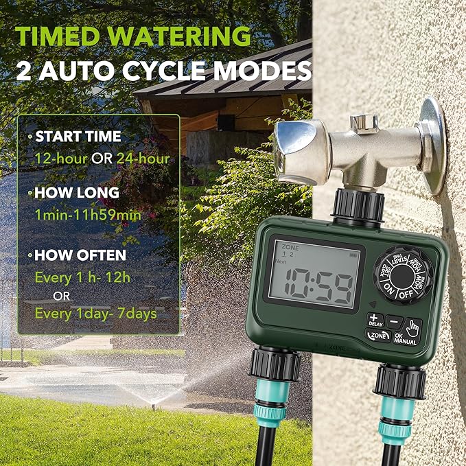 BN-LINK Sprinkler Timer Outdoor - 2 Zone Programmable Water Timer with Rain Delay Automatic Irrigation System for Lawns &amp Garden Hoses - Waterproof Manual Controller with Large LCD Display
