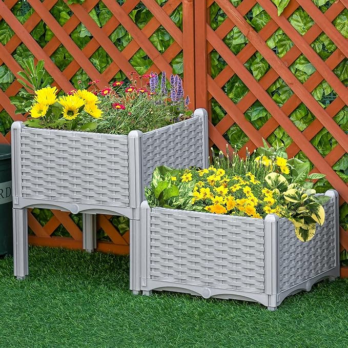 2 Pcs Raised Garden Bed with Legs Self Watering Planter Box Raised Bed to Grow Flowers Herbs Vegetables Gray