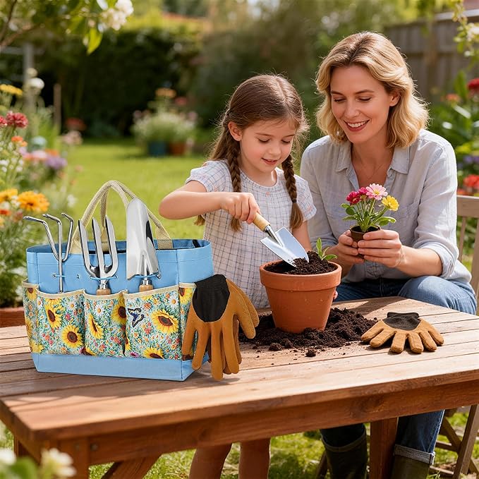 Garden Tool Set 10 PCS Gardening Essentials Stainless Steel Garden Hand Tools with Tote Bag Well-Designed Gardening Supplies Kit Gifts for Women Men Gardeners