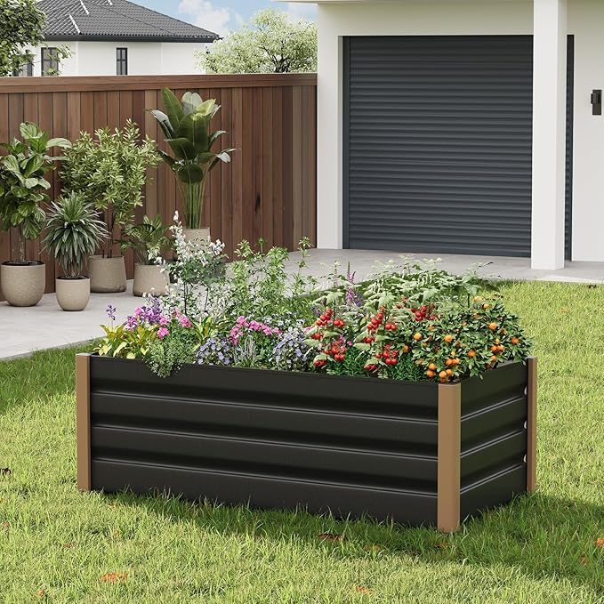 Garvee Commercial Aluminum Raised Garden Bed 8' x 3.5' x 16 Extra Large Open-Bottom Planter Box Kit for High Yield Vegetables with Rounded Safety Corners &amp Anti-Cut Trim Gray
