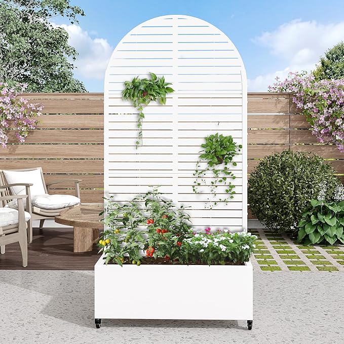 Casaphoria Metal Raised Garden Bed with Trellis and Wheels 72x35x16 Arched Planter Box for Climbing Plants Vegetables &amp Vines Features Drainage Holes and Privacy Screen (White-Louvered)