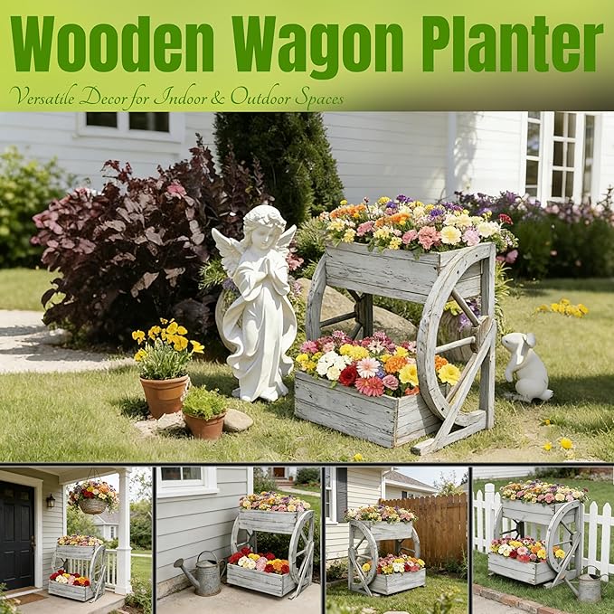 Wooden Wagon Garden Planter Box with Wheels-Indoor/Outdoor Decor for Patio Backyard Balcony-Country Farmhouse Flower Box-2 Tier Rustic Garden Raised Bed for Flowers Herbs Vegetables