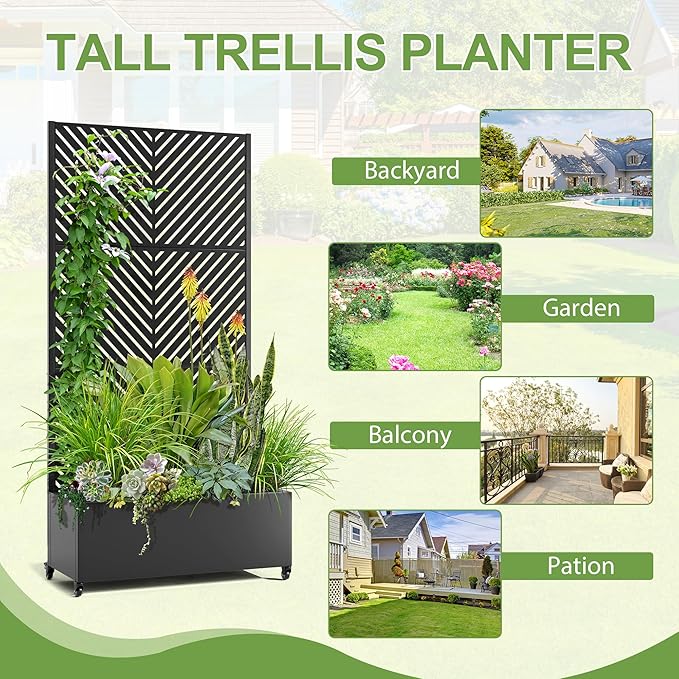Raised Garden Bed with Trellis and Wheels73x35x16 Metal Raised Garden BedBlack Parallel Metal Planter with Climbing Trellis for Vines &amp Vegetables