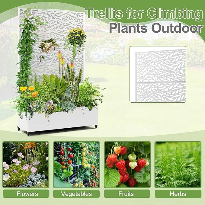 Raised Garden Bed with Trellis and Wheels73x47x16 Metal Raised Garden BedWhite Flowing Leaf Metal Planter with Climbing Trellis for Vines &amp Vegetables