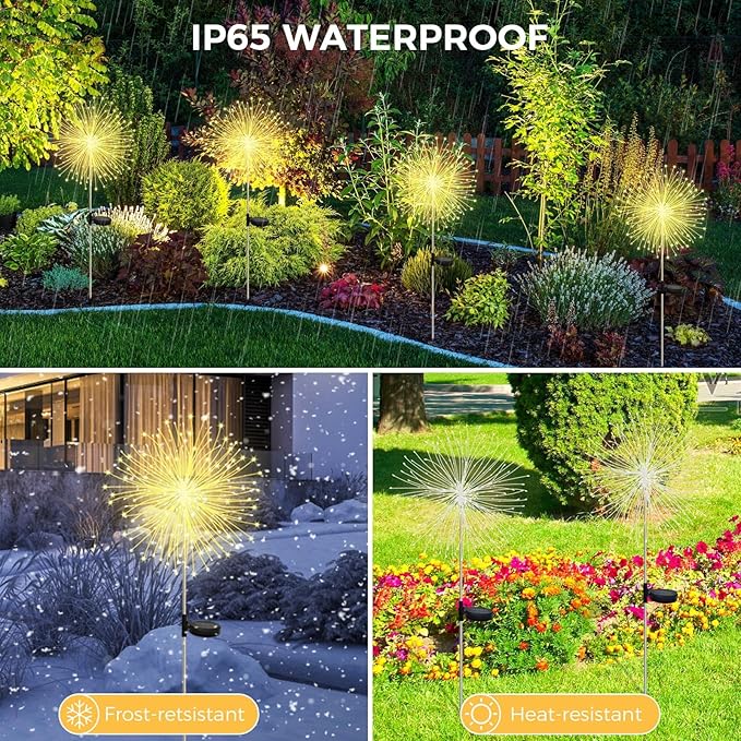 Banax Solar Garden Lights Outdoor Decor 4 Pack Christmas Lights 150 LED Solar Powered Stake Lights for Lawn Garden Pathway Yard &amp Holiday Decorations(Warm White)