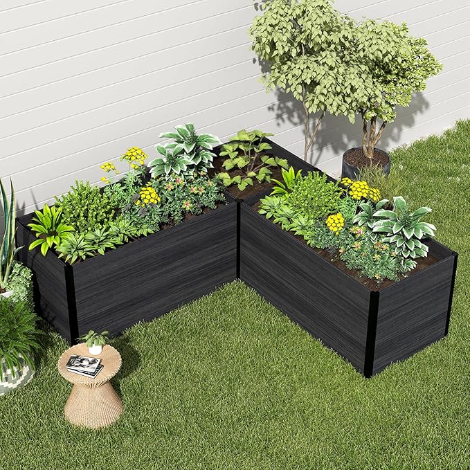 Modular Raised Garden Bed - Expandable Design with Composite Panels &amp Aluminum Frame - Perfect for Flowers Vegetables Herbs - Outdoor Planter Cuboid Box for Patio Balcony Backyard (Black)