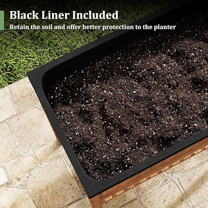 Giantex Raised Garden Bed Wood Planter Box with Plant Stand &amp Black Liner 40x20x39 Raised Bed for Indoor Outdoor Plants Vegetables Flower Herbs Fruit Gardening (2Reddish Brown)