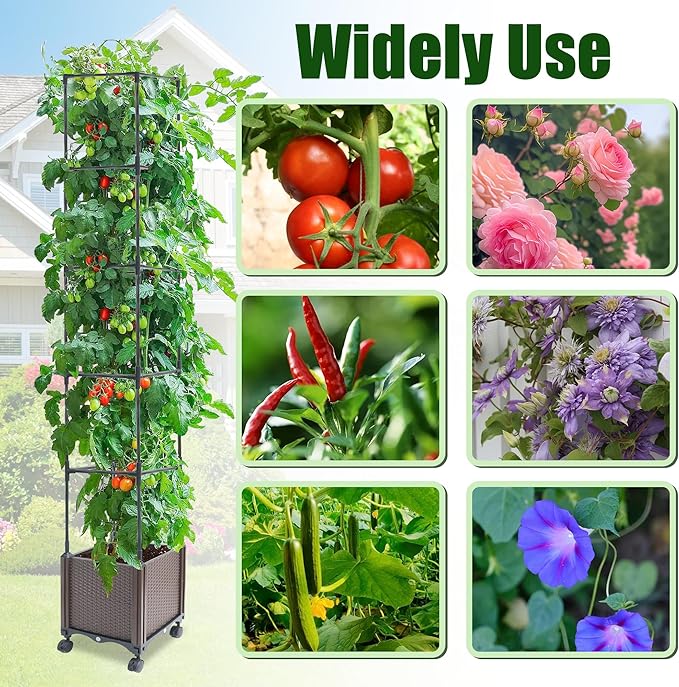 Raised Garden Bed Planter Box with Trellis 62.2 Self-Watering Tomato Planters for Climbing Plants Vine Flowers Outdoor Patio Tomatoes Cage with Trellis Wheels for Outdoor 1Pack