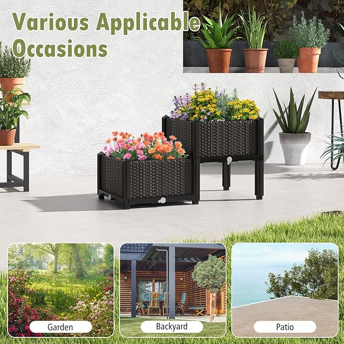 HAPPYGRILL Raised Garden Bed 2 Planter Box with Removable Legs &amp Brackets Self-Watering System Drainage Holes Outdoor Raised Beds for Gardening Veggie Herb Flower Herbs Easy Assembly
