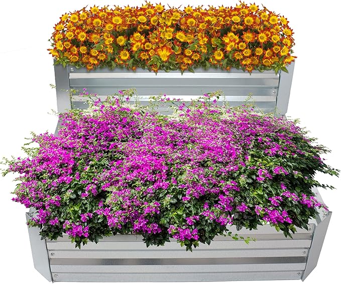 Sunnydaze 2-Tier Galvanized Steel Raised Garden Bed - for Flowers Plants and Vegetables - 94.5-Gal Soil Capacity - Silver