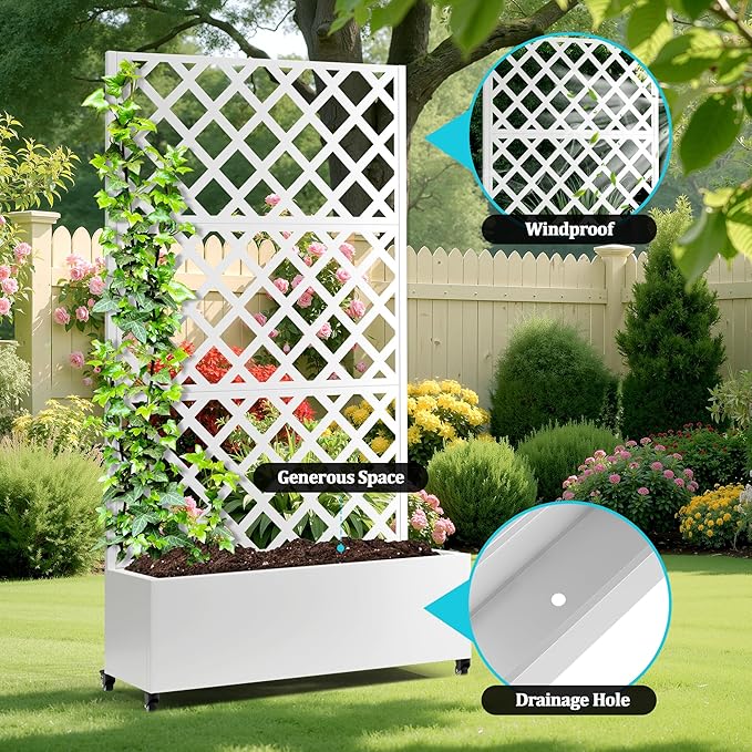 Metal Planter Box with Trellis Planter Box with Privacy Screen Privacy Trellis Outdoor for Climbing Plants with Drainage Holes Raised Garden Bed with Wheels