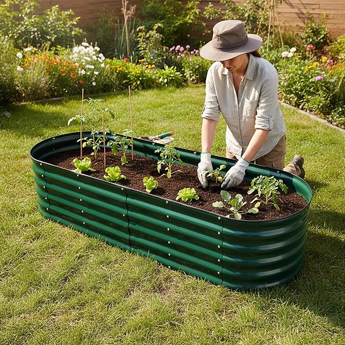 Relaxdays Raised Bed Galvanised Metal for Flowers Plants and Vegetables H x D x D: 45 x 200 x 60 cm Oval Plant Bed Green
