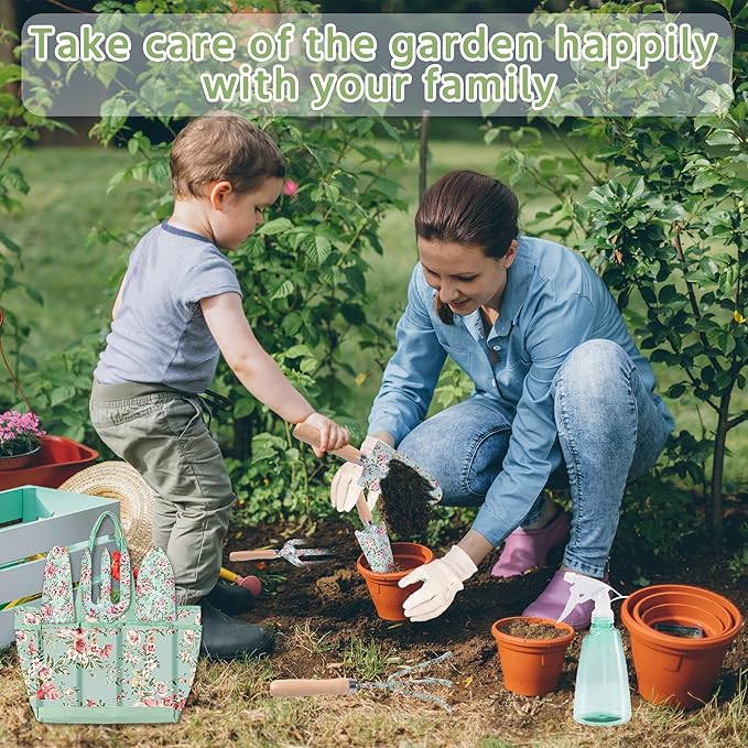 10-Piece Floral Garden Tools Set with Tote Bag Heavy Duty Gardening Kit with Pruning Shears Trowels Rake Sprayer Kneeling Pad &amp Gloves - Gift for Women Gardener Mother's Day