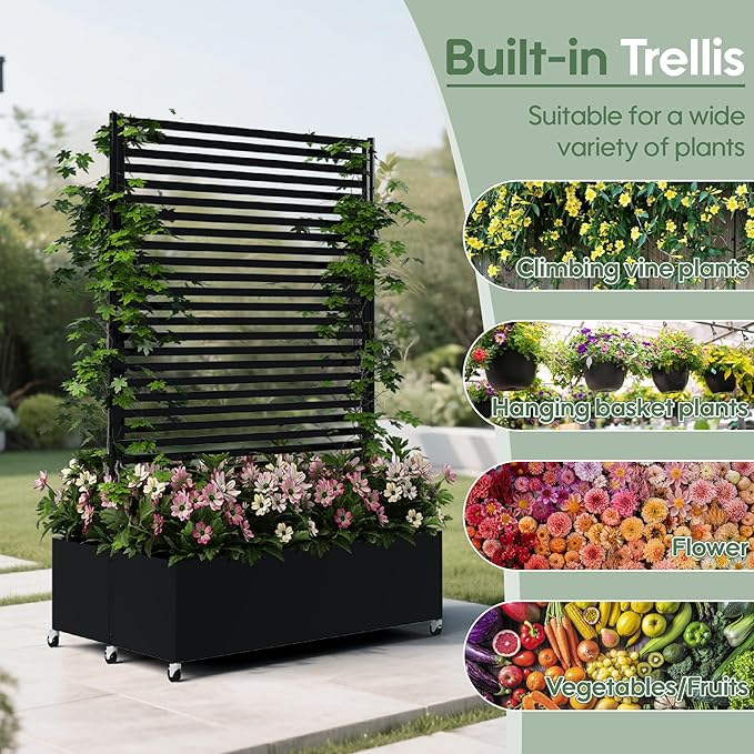 Double Metal Planter Box with Trellis Privacy Screen Raised Garden Bed with Trellis &amp Wheels Planter Box Outdoor with Drainage Holes for Climbing Plants Vines73x 47x 30 Black