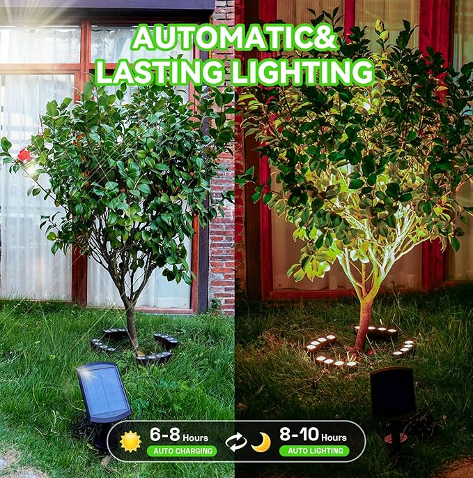 Solar Tree Lights Outdoor Palm Tree Ring Lights with 3-in-1 Tie/Stake/Hang Installation 50LM Warm White LED Tree Uplighting 2000mAh Battery IP65 Waterproof Solar Tree Spotlights for Yard Garden