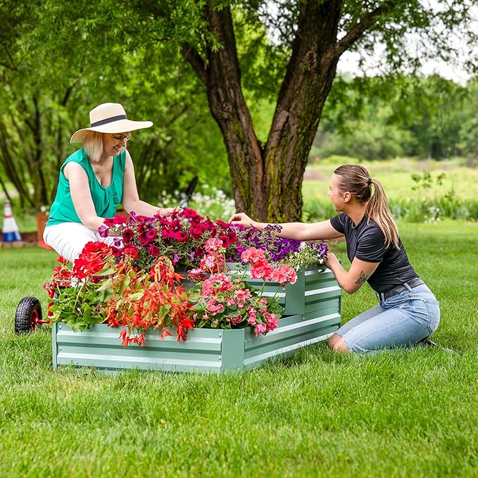 Sunnydaze 2-Tier Galvanized Steel Raised Garden Bed - for Flowers Plants and Vegetables - 94.5-Gal Soil Capacity - Green