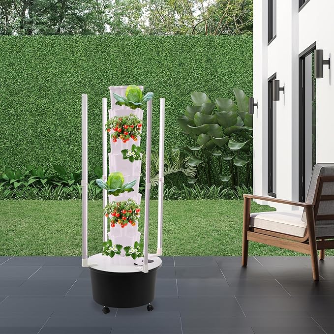 8 Tier Hydroponic Tower Garden - Indoor Vertical Gardening System 48 Holes with LED Grow Light &amp Self-Watering Pump for Strawberries Lettuce Herbs Home Grow Kit with Timer &amp Wheels