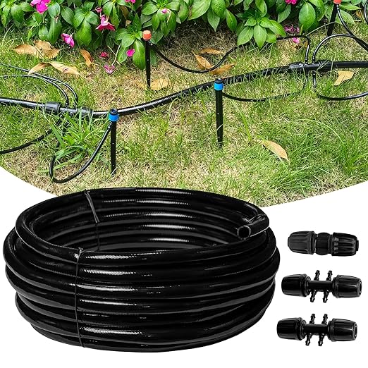 50 FT 1/2 Inch Drip Irrigation Tubing Main Drip Line Hose Tube for Garden Watering Landscape Irrigation System (Includes 2 Pack 6-Way Connector and 1/2 Straight Connector)