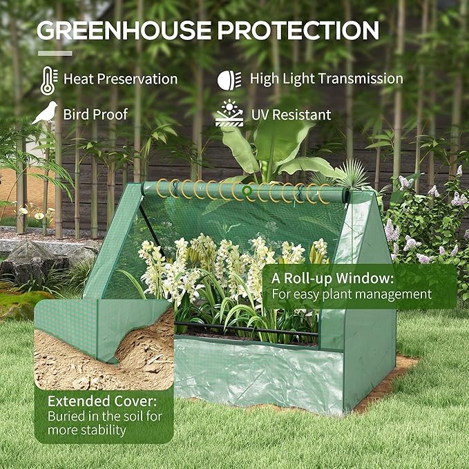 Outsunny 4 x 3 x 1ft Raised Garden Bed with Mini Greenhouse Galvanized Outdoor Planter Box with Cover for Herbs and Vegetables Use for Patio Garden Balcony Green Cover and Silver Planter