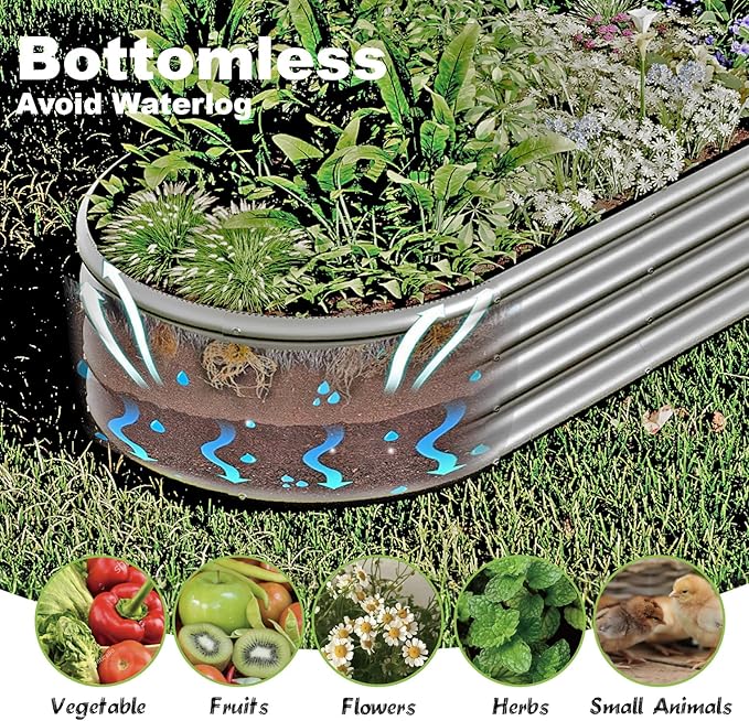 4x2x1ft-2pcs-Oval Raised Garden Bed Kit Galvanized Planter Garden Boxes Outdoor Metal Raised Garden Beds for VegetablesFruits FlowerSilver