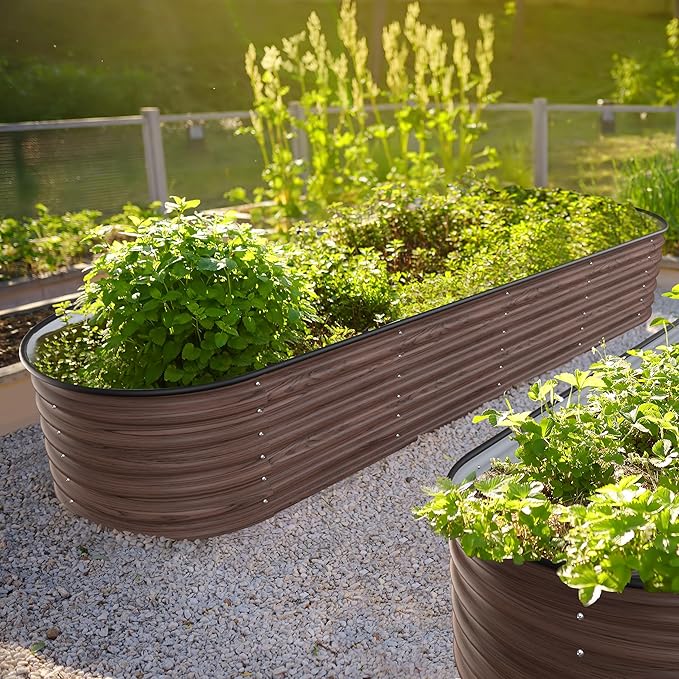 8x2x1.4ft Galvanized Raised Garden Bed 9-in-1 Metal Raised Planter Box Oval Outdoor for Vegetable Flower Backyard and Patio Rustic Brown