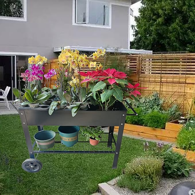 Mobile Metal Raised Garden Bed Cart on WheelsElevated Tall Planter Box for Outdoor Indoors House Patio Backyard Vegetables Flower Herb Patio Grow (Black)