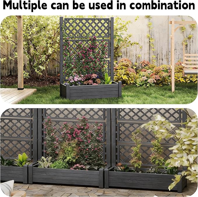 Elevated Raised Garden Bed with Trellis 21 Gallon Self-Watering Outdoor Resin Planter Box with Lockable Wheels Drain Plug &amp Water Monitor for Plants Vegetables Flowers Fruits (Black)