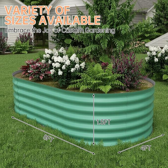 IDEALHOUSE Heavy-Duty Raised Garden Beds Outdoor 8x4x1.5ft Galvanized Steel Planter Box Rust-Resistant Elevated Garden Box for Vegetables Flowers Easy Assembly Durable Beige Planters Green