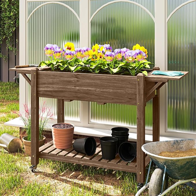 Strong Wood Raised Garden Bed with Lockable Wheels Side Benches Bottom Level Shelf Efficient Drain Holes Charred Finish