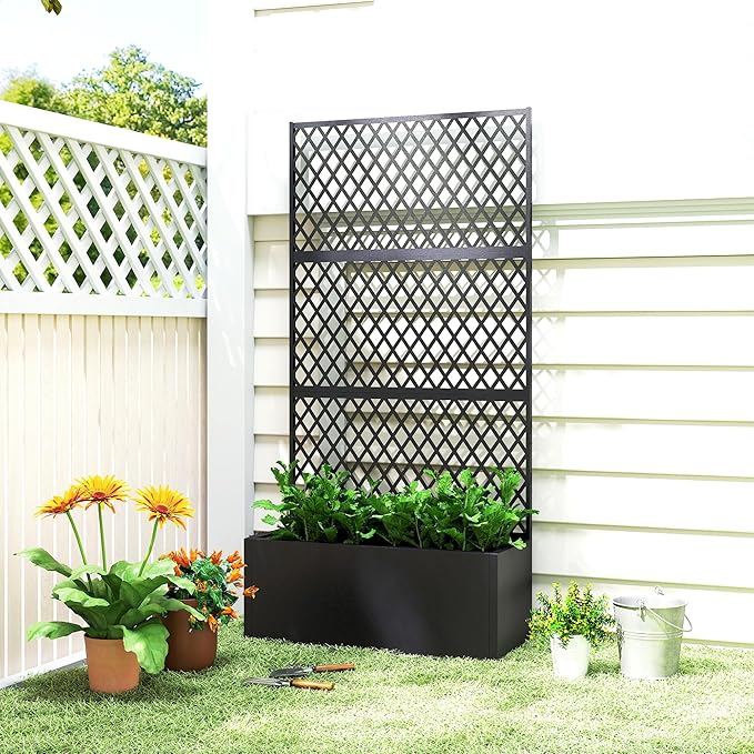 Outsunny Metal Planter Box with Trellis Raised Garden Bed with Trellis Privacy Screen and Drainage Holes for Climbing Plants Diamond Lattice Privacy Planter for Garden Patio Balcony