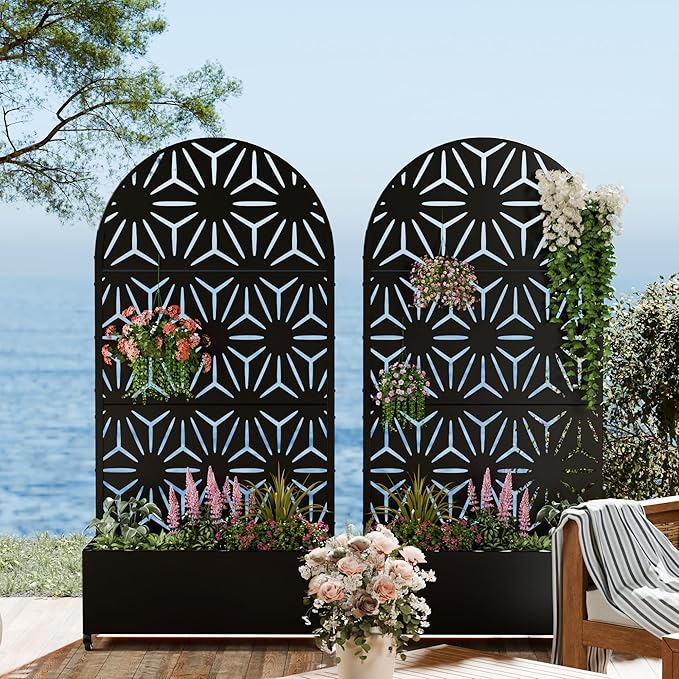 Casaphoria 72x35 Metal Raised Garden Bed with Trellis(2 Pack) Outdoor Planter Box with Wheels &amp Drainage Holes for Climbing Plants Flowers Elevated Garden Kit with Privacy Screen Black-Star