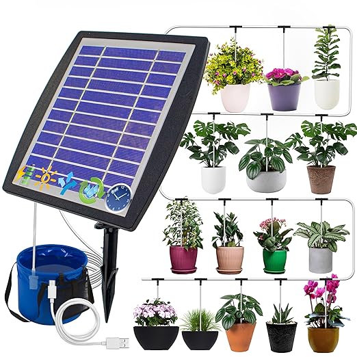 Solar Self Watering Plant Drip Irrigation System for 15 Plants Multiple Automatic Control Modes - Portable DIY Kit for Indoor/Outdoor Gardens Patios Balconies and Vacation Plant Care
