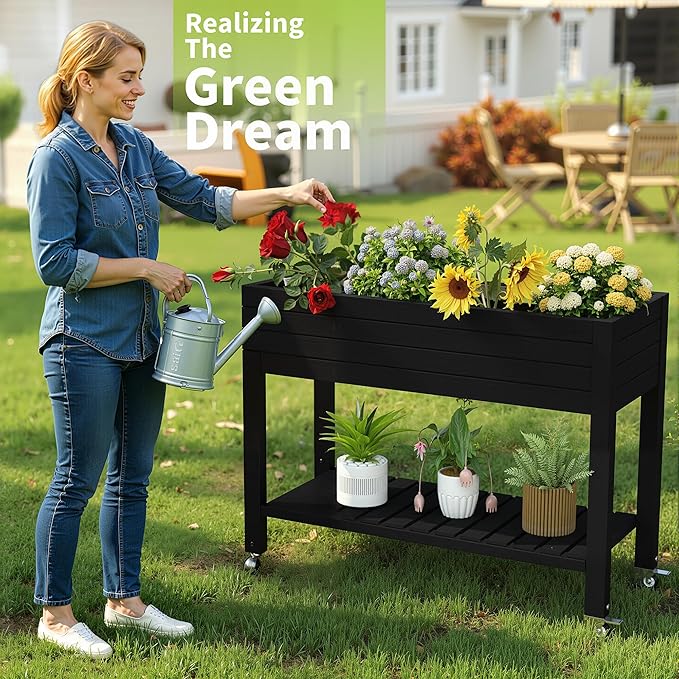 Raised Garden Bed with Legs 33.66 Tall Self-Watering Resin Planter Box with Lockable Wheels Drainage Plug and Gauge for Vegetables Flowers Storage Shelf for Tools and Accessories (Black)
