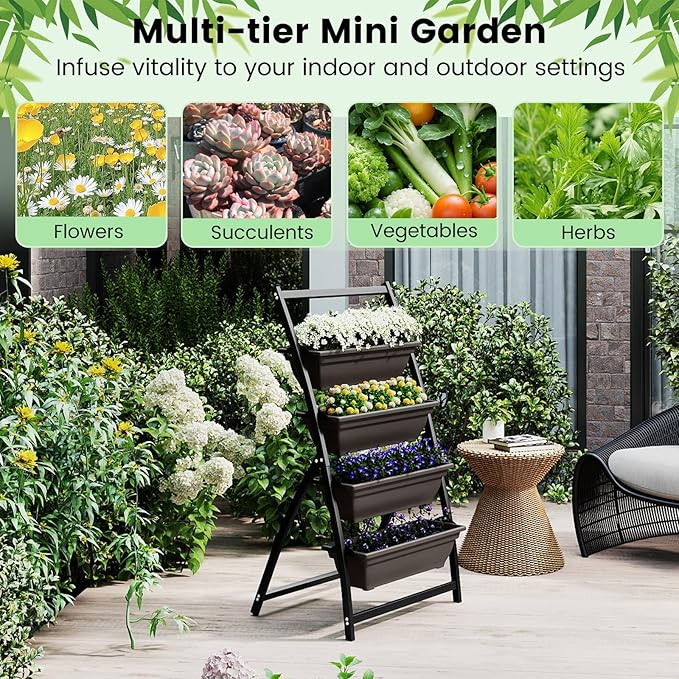 HAPPYGRILL 4-Tier Vertical Raised Garden Bed Elevated Planting Bed w/ 4 Stackable Flowerpots &amp Drainage Holes Indoor Outdoor Freestanding Planter Box w/Legs for Patio Yard (126 x 20.5'' x 49''