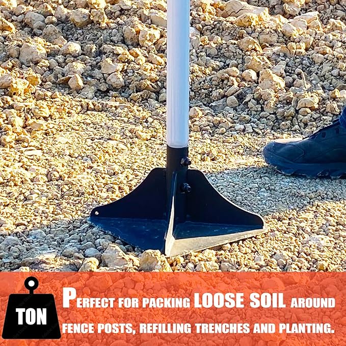 Heavy Duty Steel Tamper 8x8 with 48 inch Handle and Rubber Grip Ideal Garden Landscaping Rammer for Earth Soil Asphalt Gravel and Dirt Compaction Levelling Paver Tool Trash Tamper