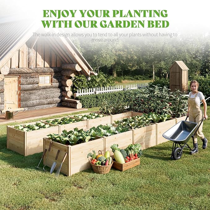 PaPaJet Raised Garden Bed for Outdoor Eleven GridsDeep Large Planter Box for Gardening Vegetables Flowers Herbs（7.5× 14.8× 1.6FT）