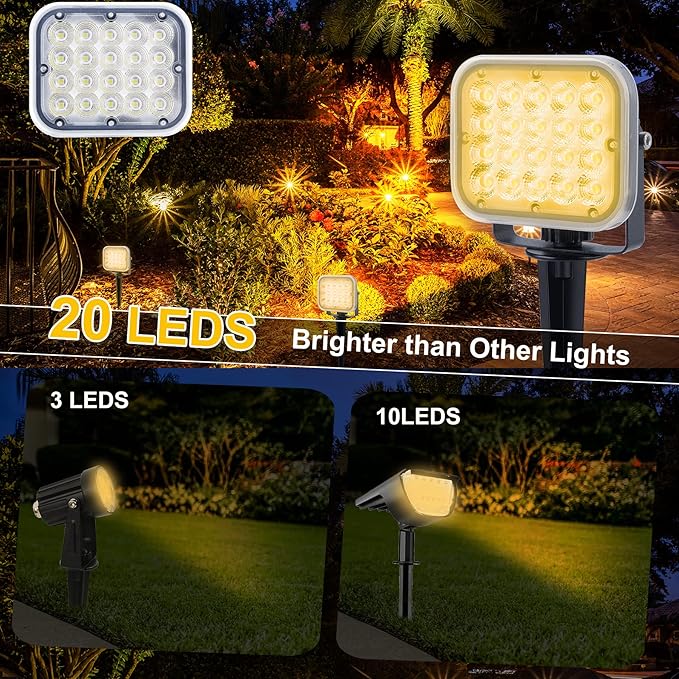 Solar Spot Lights Outdoor 20 LED IP65 Waterproof Solar Landscape Spotlights Dusk-to-Dawn 3000K Warm White Outdoor Spot Light Lighting for Yard Garden Driveway Porch Walkway 4-in-1