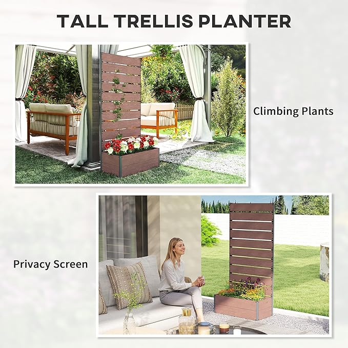 Outsunny Raised Garden Bed with Trellis for Climbing Plants Planter Box with Self Draining Gap Freestanding Trellis Planter for Outdoor Patio Deck 28.25 x 15 x 59 Brown