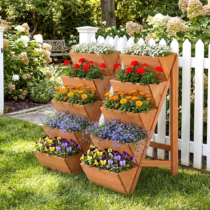 HAPPYGRILL Vertical Raised Garden Bed Freestanding Wood Elevated Planter Box w/Legs for Growing Vegetables Flowers Herbs Indoor Outdoor Tiered Plant Stand for Patio Yard Balcony Corner (25-Tier)