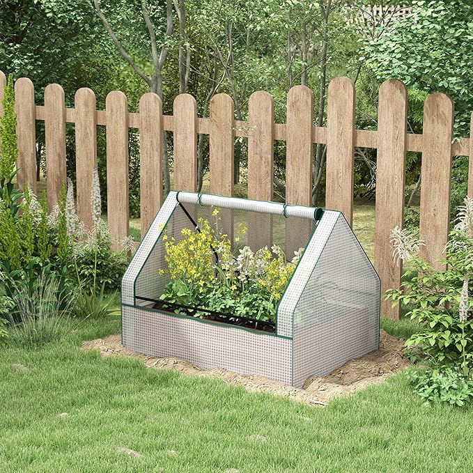 Outsunny 4 x 3 x 1ft Raised Garden Bed with Mini Greenhouse Galvanized Outdoor Planter Box with Cover for Herbs and Vegetables Use for Patio Garden Balcony White Cover and Brown Planter