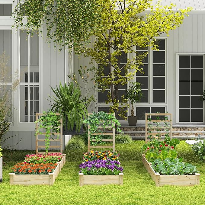 Raised Garden Bed with Trellis Elevated Gardening Bed with Divided Space for Flower Vegetables Fruits Climbing Plants Outdoor Wooden Planter Box Kit for Yard Patio 93 L x 25 W x 40