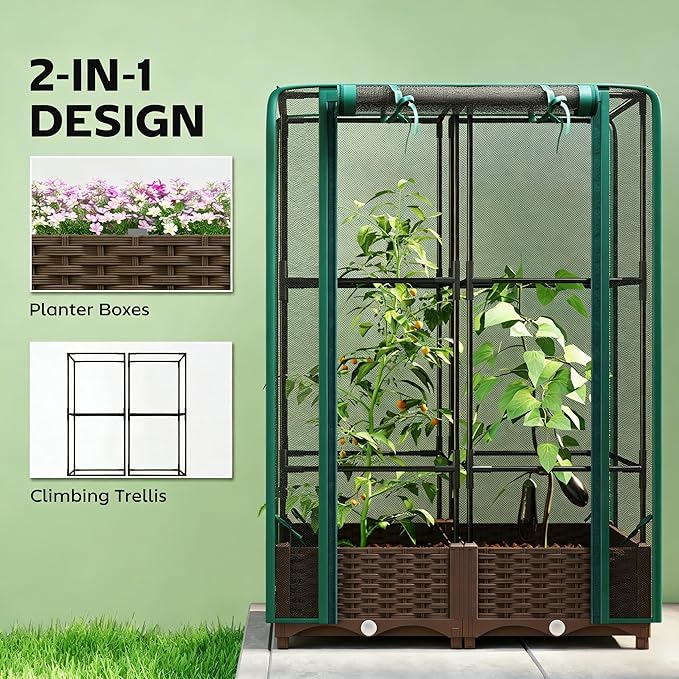 Organic Gardening Raised Bed with Enclosed Plant Cage Grow Healthier Vegetables Without Chemicals - Ventilated Crop Cage Protects Tomatoes Berries &amp Greens from Birds and Insects Naturally (Gree