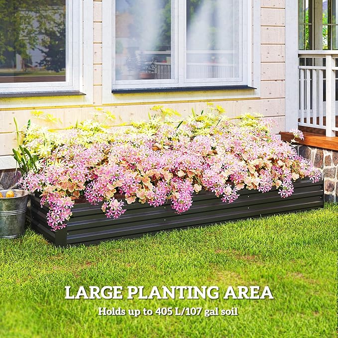 Outsunny 8 x 2 x 1ft Galvanized Raised Garden Bed Kit Outdoor Metal Elevated Planter Box with Safety Edging Large Raised Bed for Growing Flowers Herbs and Vegetables Dark Gray