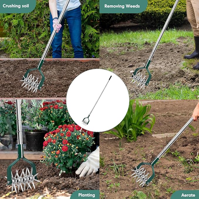 Garden Cultivator Adjustable Stainless Steel Handle fine Rotary Cultivator Tiller for Small Scale Gardens Soil Loosening Lawn Aeration Fertilizer Mixing &amp Planting Preparation