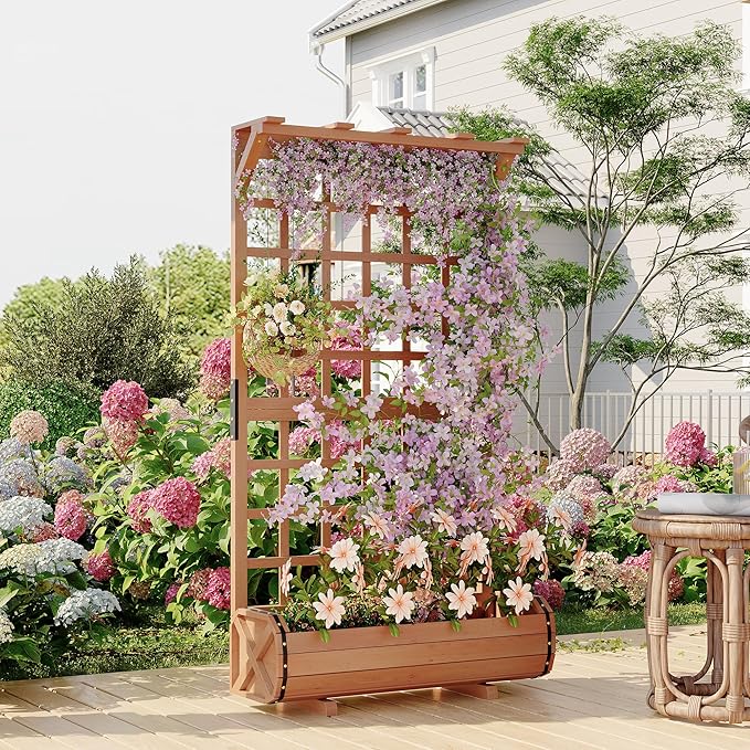 GarveeLife 67 h Raised Garden Bed with Trellis &amp Roof - Wooden Planter Box with Drainage Freestanding Outdoor Garden Box for Climbing Vines Vegetables Flowers - Perfect for Yard Patio Balcon