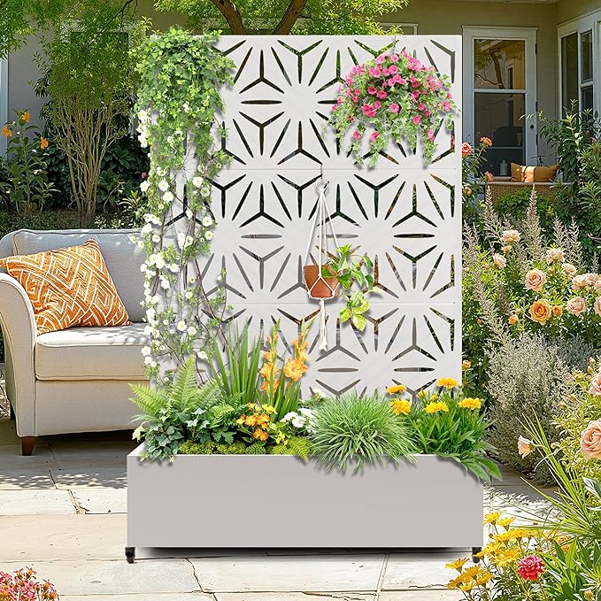 Metal Raised Garden Bed with Trellis 2 in 1 Trellis with Planter Box &amp Privacy Screen for Climbing Plants Vine Outdoor Standing Flower Beds with Drainage Holes47.2L x 16.7W x 70.8H(White-S