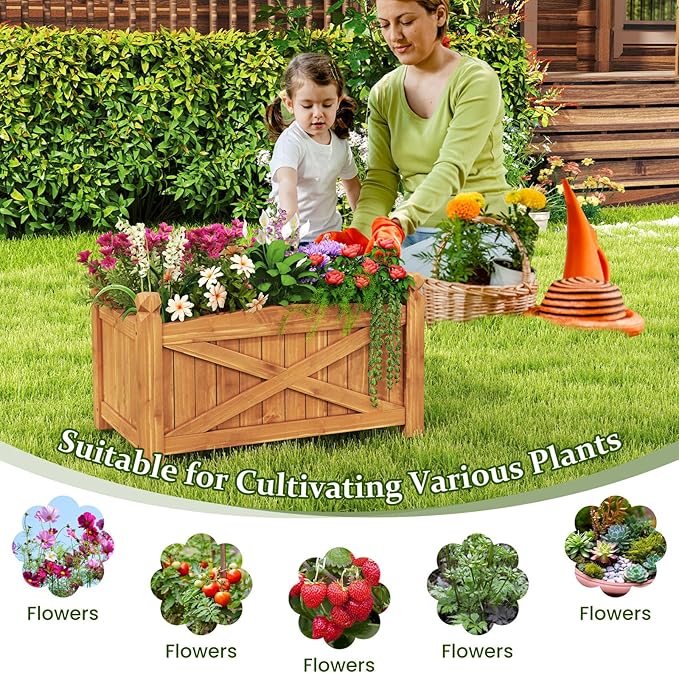 HAPPYGRILL Wooden Raised Garden Bed Solid Wood Gardening Plant Container w/Drainage Holes for Flower Vegetable Fruit Outdoor Elevated Planter Box for Patio Garden Yard Balcony (25”x 16”x 15”)