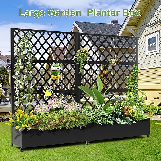 Metal Planter Trellis Box with Wheels &amp Drain Plug Outdoor Raised Garden Bed Patio Privacy Screen with Planter for Climbing Plants Vegetables 73x47x16 Black-Diamond